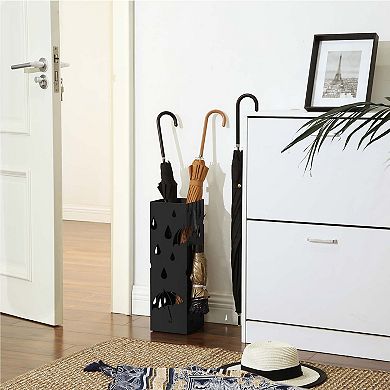 Metal Umbrella Stand, Square Umbrella Holder Rack with Water Tray and Hooks