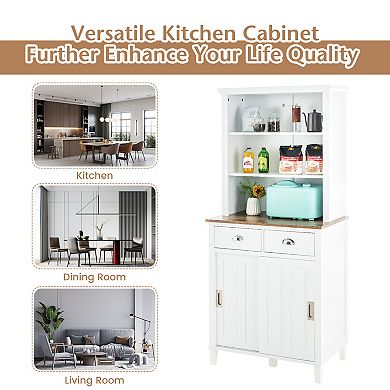 Freestanding Kitchen Pantry with Hutch Sliding Door and Drawer