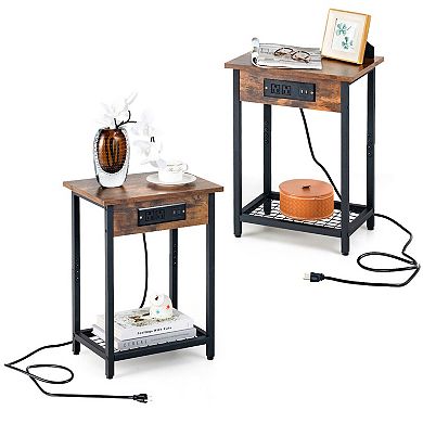 2 Pieces Bedside Nightstand Set with Open Shelf and Charging Station