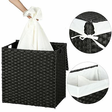 Synthetic Rattan Laundry Hamper with Lid, 2 Sections Removable Liner Bag