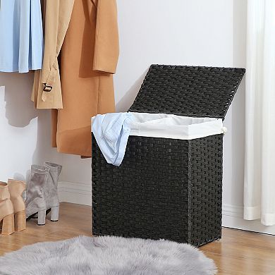 Synthetic Rattan Laundry Hamper with Lid, 2 Sections Removable Liner Bag