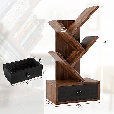 5-Tier Floor Standing Tree Bookcase with Drawer