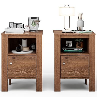 Compact Floor Farmhouse Nightstand with Open Shelf and Cabinet