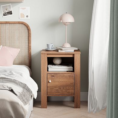 Compact Floor Farmhouse Nightstand with Open Shelf and Cabinet