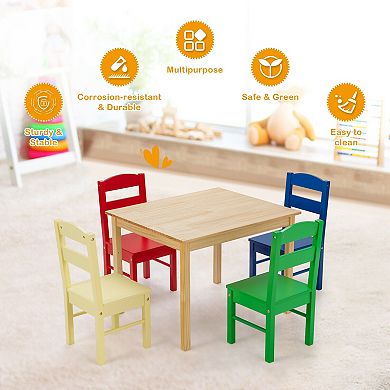 5 pcs Kids Pine Wood Table Chair Set