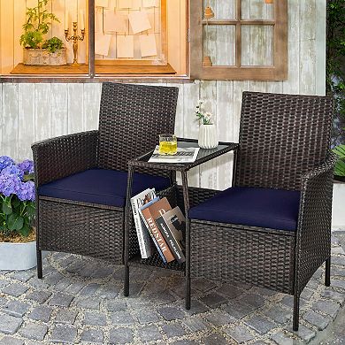 Patio Rattan Wicker Conversation Loveseat with attached coffee table