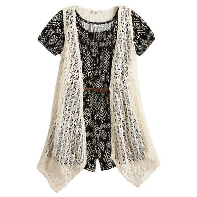 Girls 7-16 Knit Works 2-Piece Short Sleeve Romper & Crochet Vest Set in Regular & Plus Size
