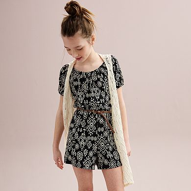 Girls 7-16 Knit Works 2-Piece Short Sleeve Romper & Crochet Vest Set in Regular & Plus Size