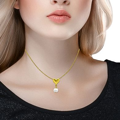18k Gold over Sterling Silver 7mm Round Freshwater Pearl Drop on Polished Heart Necklace 