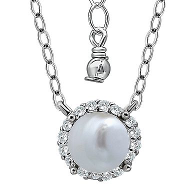 Aleure Precioso Sterling Silver Freshwater Cultured Pearl & Cubic Zirconia Halo Pendant Necklace