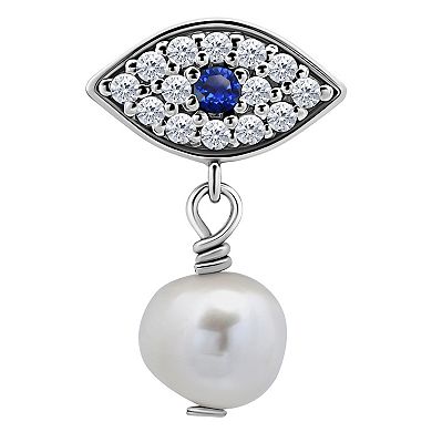 Aleure Precioso Sterling Silver Freshwater Cultured Pearl Drop & Cubic Zirconia Evil Eye Post Earrings