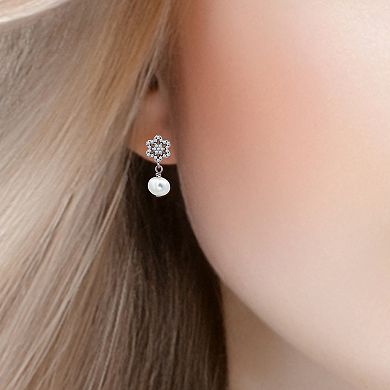 Aleure Precioso Sterling Silver Freshwater Cultured Pearl Drop & Pave Cubic Zirconia Star Post Earrings