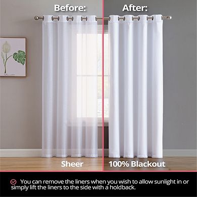 THD White Thermal 100% Blackout Grommet Curtain Liner for Complete Darkness, Energy Efficiency, & Privacy - Set of 2