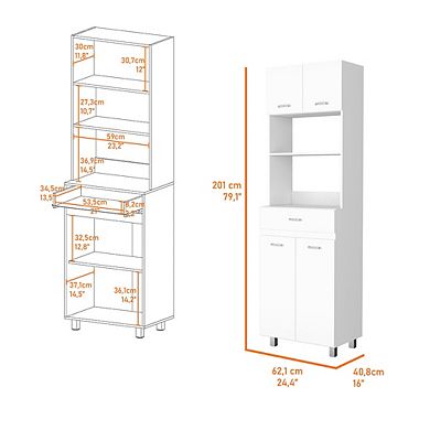 Auburn  Microwave Pantry Cabinet, Two Cabinets, Two Open Shelves, Drawer