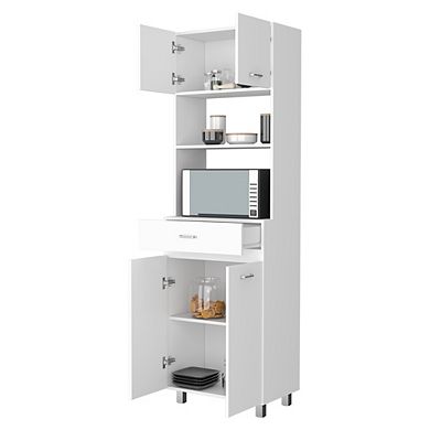 Auburn  Microwave Pantry Cabinet, Two Cabinets, Two Open Shelves, Drawer