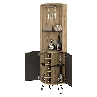 Grace Corner Bar Cabinet, Six Built-in Wine Rack, Four Shelves, Door, Two Shelves