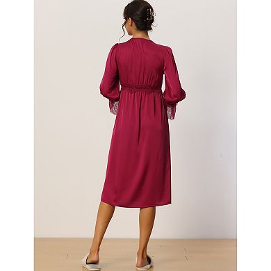 Women's Satin Pajamas Long Sleeve Lace V-neck Casual Long Dress Nightshirts Loungewear
