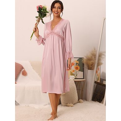 Women's Satin Pajamas Long Sleeve Lace V-neck Casual Long Dress Nightshirts Loungewear