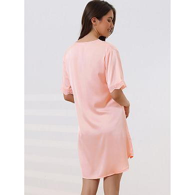 Women's Satin Silky Nightshirt Button Down Nightgown Lace Pajama Dress Nightshirts Loungewear