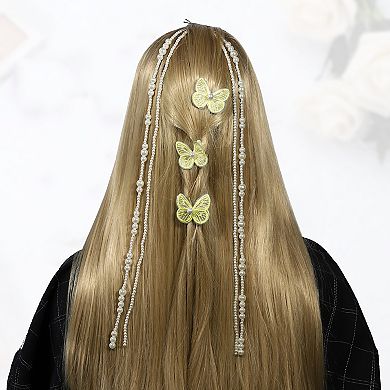 2pcs Long Tassel Faux Pearl Hair Chain With 6pcs Hair Clip For Wedding