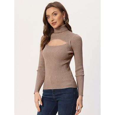 Women’s Turtleneck Knit Sweater Long Sleeve Hollow Out Front Fit Pullover Tops