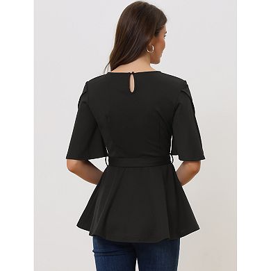 Women's Split Half Sleeve Crew Neck Belted Knot Drap Casual Peplum Blouse