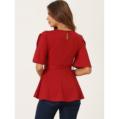 Women's Split Half Sleeve Crew Neck Belted Knot Drap Casual Peplum Blouse