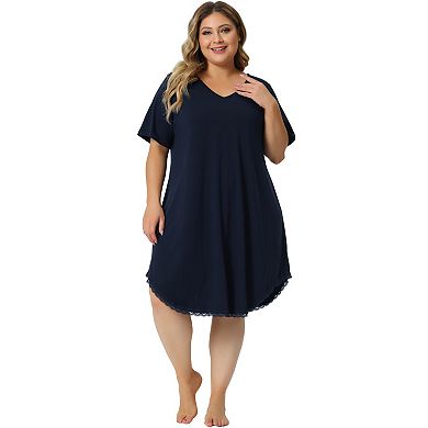 Women Plus Size Pajama Dress V Neck Short Sleeve Lace Trim Hem Loose Tshirt Nightgown Sleepwear