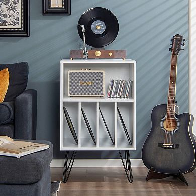 Freestanding Record Player Stand Record Storage Cabinet With Metal Legs