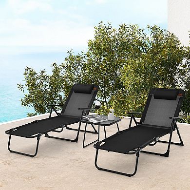 3 Pieces Patio Folding Chaise Lounge Set with PVC Tabletop-Black