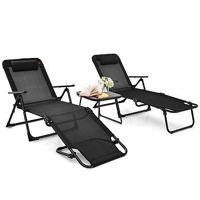 3 Pieces Patio Folding Chaise Lounge Set with PVC Tabletop-Black