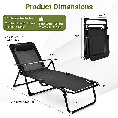 3 Pieces Patio Folding Chaise Lounge Set with PVC Tabletop-Black