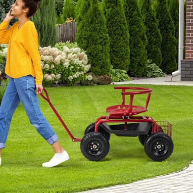 Cushioned Rolling Garden Cart Scooter with Storage Basket and Tool Pouch-Black & Red