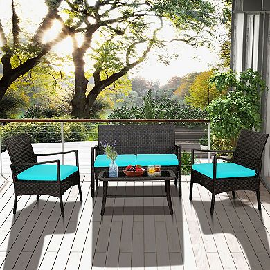 4 Pieces Outdoor Rattan Conversation Set with Tempered Glass Coffee Table