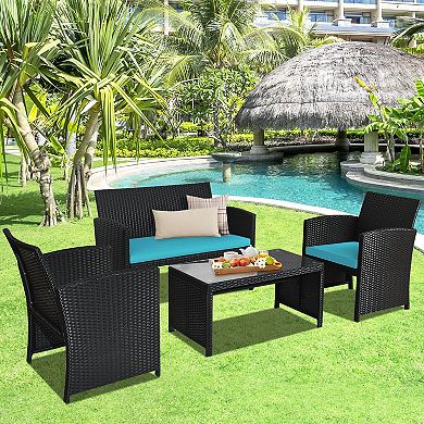 4 Pieces Rattan Patio Furniture Set with Weather Resistant Cushions and Tempered Glass Tabletop