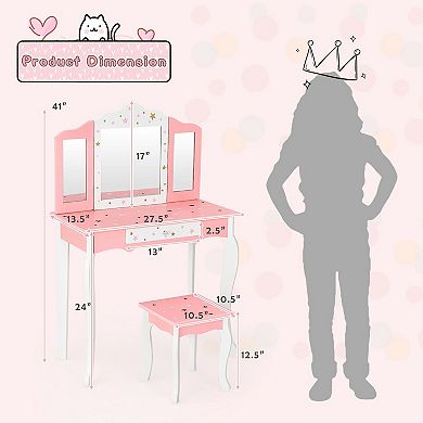 Kids Princess Vanity Table and Stool Set with Tri-folding Mirror and Drawer