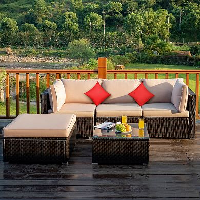 5 Pieces Outdoor Patio Rattan Furniture Set With Cushions