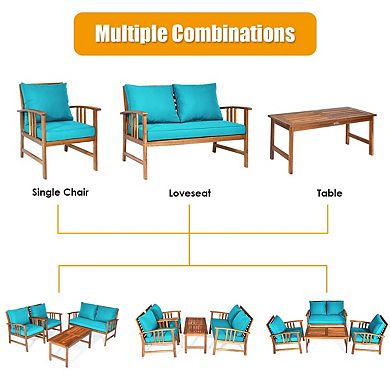 4 Pieces Wooden Patio Furniture Set Table Sofa Chair Cushioned Garden