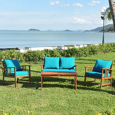 4 Pieces Wooden Patio Furniture Set Table Sofa Chair Cushioned Garden