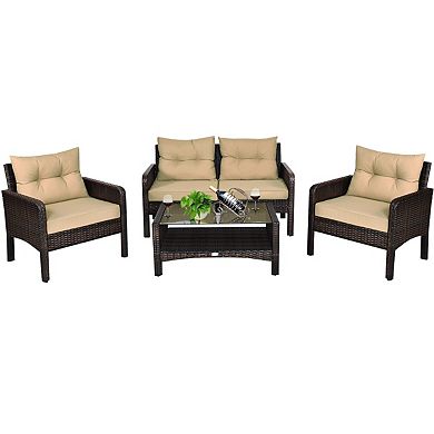 4 Pieces Outdoor Rattan Wicker Loveseat Furniture Set with Cushions