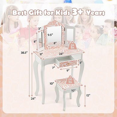 2-in-1 Kids Vanity Table Set with Tri-folding Mirror-Pink