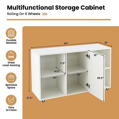 Wood Storage Cabinet with Wheels and 6 Compartments