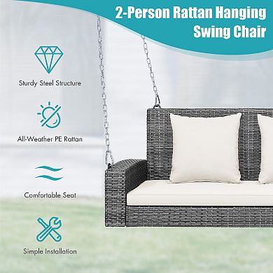 2-Person Patio PE Wicker Hanging Porch Swing Bench Chair Cushion 800 Pounds
