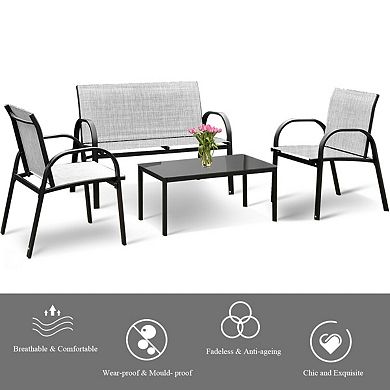 4 Pieces Patio Furniture Set with Glass Top Coffee Table