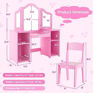 Kids Vanity Table and Chair Set with Removable Tri-Folding Mirror
