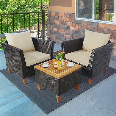 3 Pieces Patio Rattan Bistro Furniture Set With Wooden Table Top