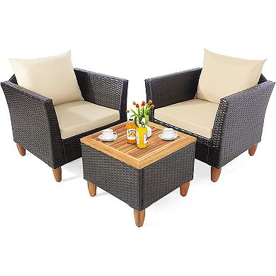 3 Pieces Patio Rattan Bistro Furniture Set With Wooden Table Top