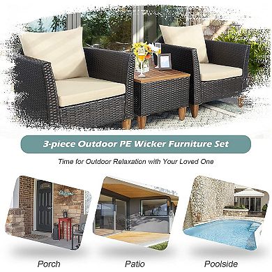 3 Pieces Patio Rattan Bistro Furniture Set With Wooden Table Top