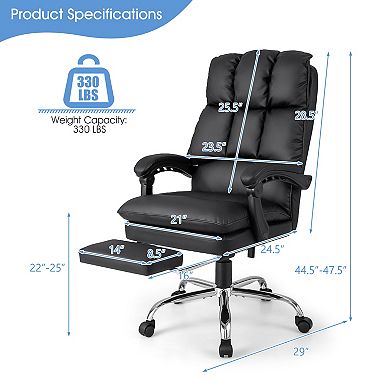 Ergonomic Adjustable Swivel Office Chair with Retractable Footrest - Black