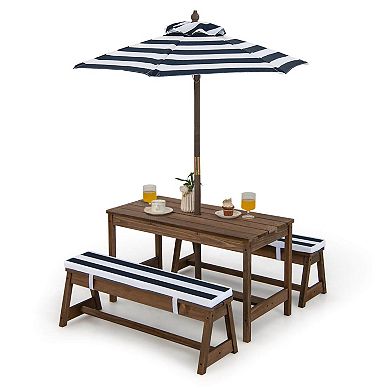 Kids Picnic Table and Bench Set with Cushions and Height Adjustable Umbrella